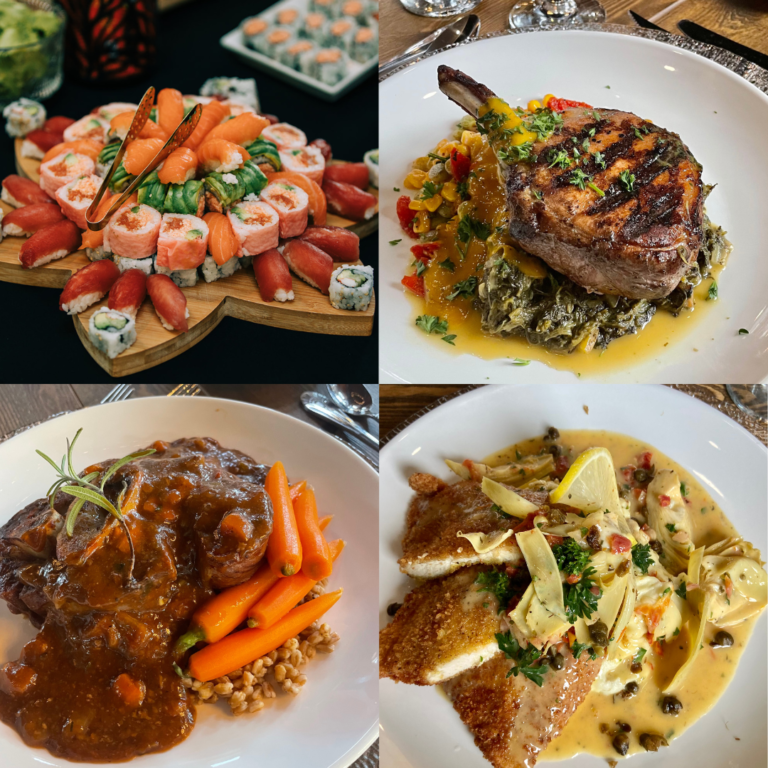 Collage of plated dishes including a pork chop, braised short rib and a crudité platter