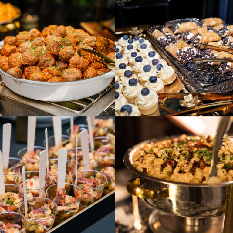 Collage of catered appetizers and desserts, including meatballs, mini cupcakes and skewers