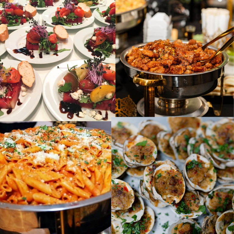 Collage of catered dishes including charcuterie plates, pasta and baked clams
