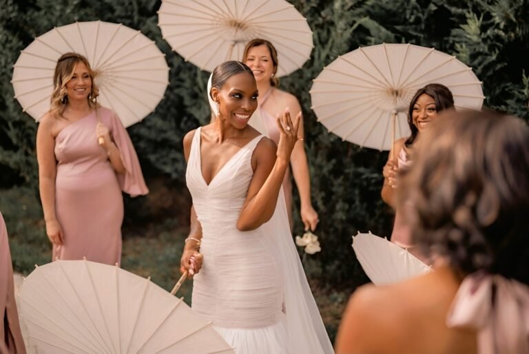 Bride laughs with bridesmaids holding cream-colored parasols